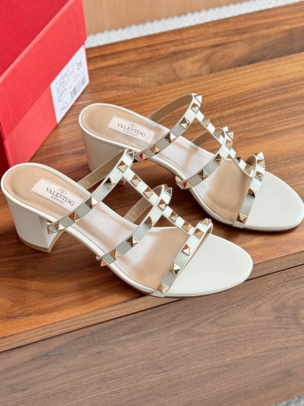 Valentino Rockstud Triple Strap Chunky Block Heel Slide Mules